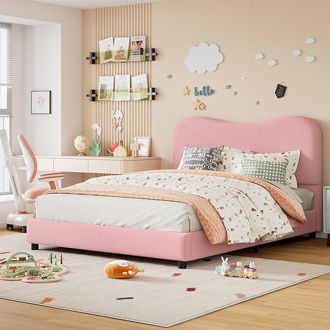GarveeHome Velvet Queen Bed Frame with Headboard, Upholstered Low Profile Platform Bed, No Box Spring Needed, Strong Wooden Slats, Noise Free, Easy Assembly, Pink