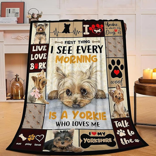 Funny Dog Blanket Soft Cute Kawaii Yorkshire Terrier Dog Plush Throw Blanket Cozy Lightweight Flannel Stuff Decor Fleece Blanket Gifts for Lovers Girls Boys Kids Adults Women Bed Travel 60"x80"