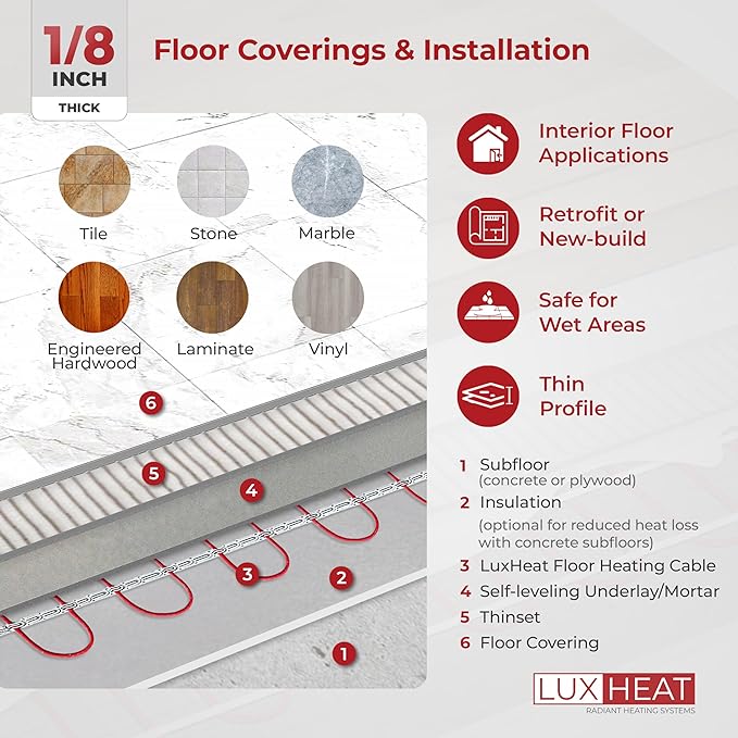 80sqft Floor Heating Cable Kit - 120v Floor Heating System Under Tile - Heated Flooring System - Includes UDG Programmable Thermostat w/GFCI, Heater Cable, Strapping, Sensor & Alarm