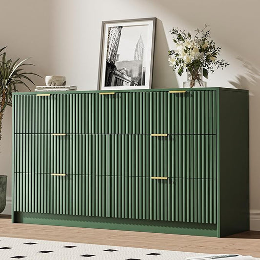 Green 7 Drawer Dresser for Bedroom, Modern Fluted Dresser with Gold Metal Handles, Wide Chest of Drawers for Bedroom, Living Room, Entryway, Hallway, 55.9" L x 15.7" D x 31.4" H