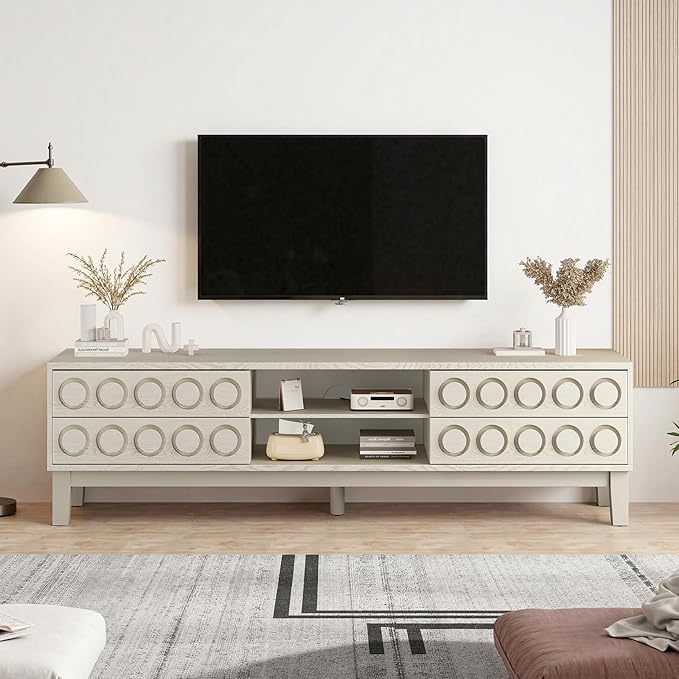 70" Modern TV Stand, Entertainment Center for Tvs up to 75", Unique Circular Design, TV Media Console with 4 Drawer & Open Storage for Living Room (White)
