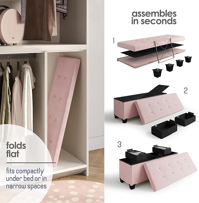 STORAGEBUD Storage Ottoman Bench with Bins, 43-in Storage Bench for Bedroom End of Bed, Folding Foot Rest Ottoman for Living Room Max 660lbs, Velvet Ottomans, Pink