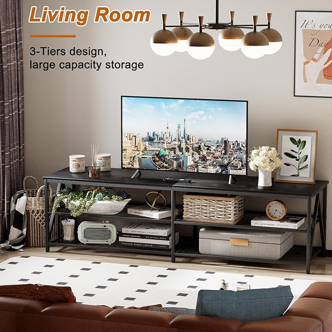 TV Stand for TVs up to 75 Inch, 70" Long Industrial TV Console Table with 3-Tier Storage Shelves, Entertainment Center for Living Room, Bedroom (Black)