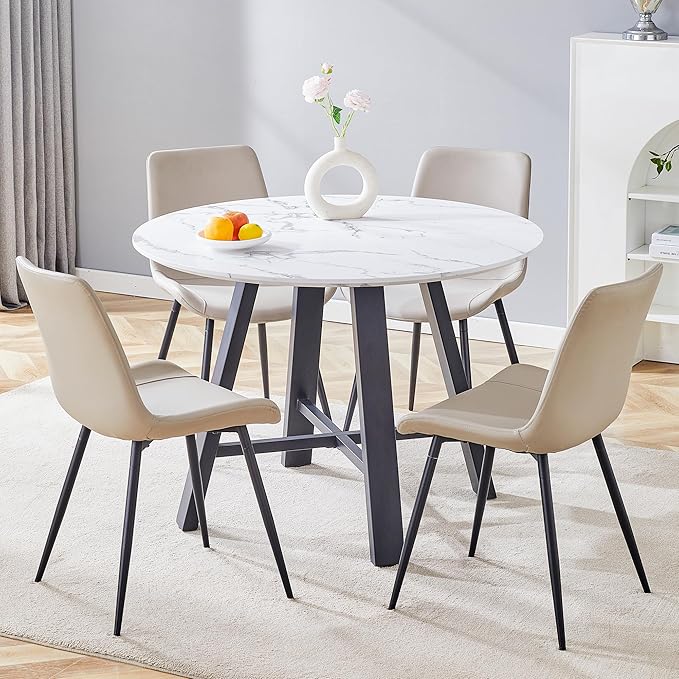 Round Dining Table Set for 4, Round Kitchen Table and Chairs Set for 4, 42 Inch Modern White Circle Dining Table Set of 4 with Upholstered PU Leather Chairs for Small Space Kitchen Living Apartment
