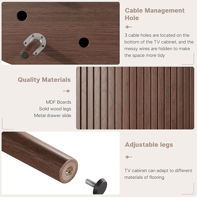 Alohappy 59" Mid Century Modern TV Stand with Charging Station, Curved Edge Fluted TV Media Console Table with Drawer and Shelf, Farmhouse Entertainment Center for Living Room, Bedroom, Walnut