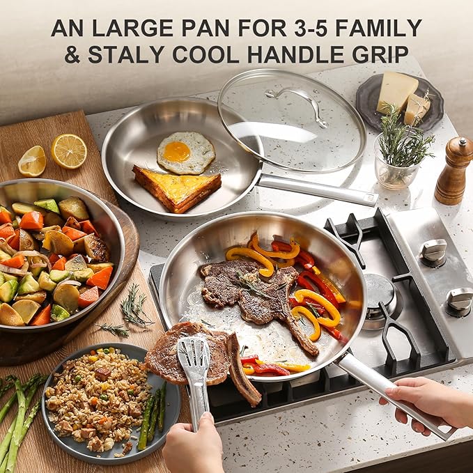 DELUXE Stainless Steel Frying Pan Set 4-Pieces, 10" and12 Skillet with Lid and Stay-Cool Handle, PFOA Free Stainless Steel Pan Suitable with Induction Gas Stoves, Dishwasher&Oven Safe