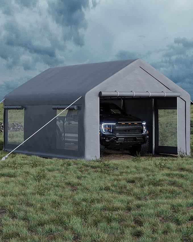 12x20 Ft Carport, Car Port with 200g PE Tarp, Roll-Up Doors, and 4 Windows, for Full-Size Pickups, Bass Boats, Tractors, and SUVs, Gray