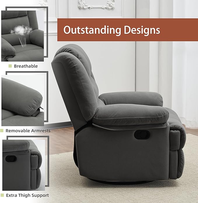 Swivel Rocking Recliner Chair for Adults, Overstuffed Manual Rocker Nursery Recliner Glider, Upholstered Fabric Reclining Single Sofa Chair for Living Room (Dark Grey)