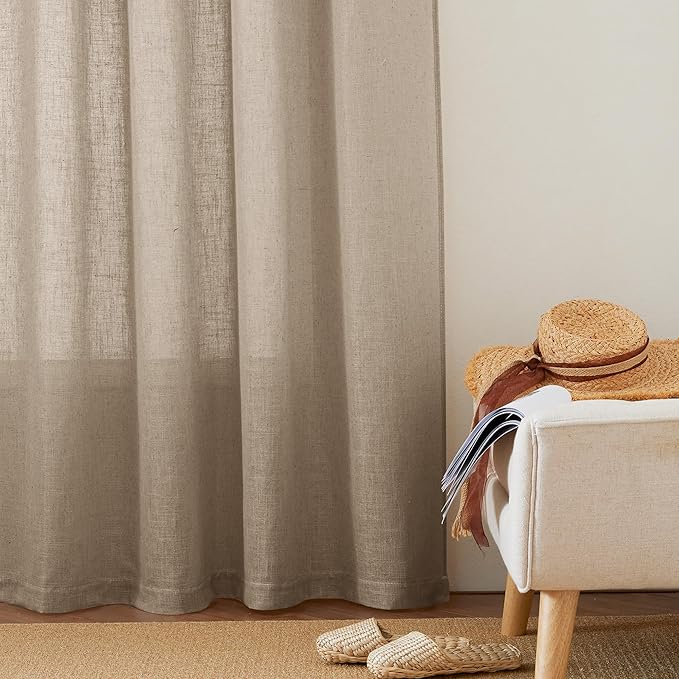 RYB HOME Extra Long Linen Curtains for Dining Room 120 inches Long, Farmhouse Light Filtering Privacy Lightweight Floor Sweeping Drapes for Living Room, Khaki, 52" W, 2 Panels