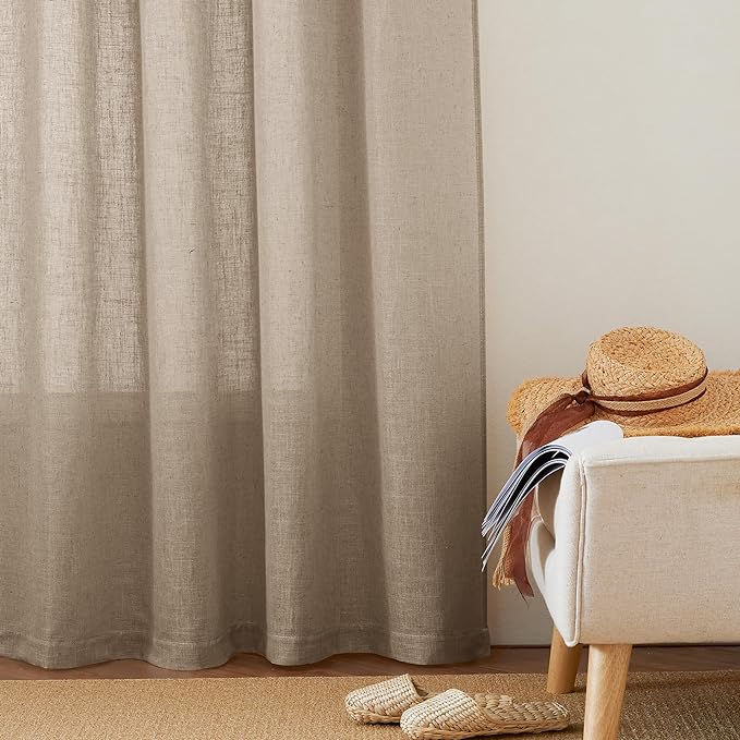 RYB HOME Flax Linen Blend Curtains for Dining Room Bedroom, Extra Long Rod Pocket Soft Textured Thick Linen Burlap Privacy Protection Light Filtering, W 70 x L 95 inches, Khaki, 2 Panels
