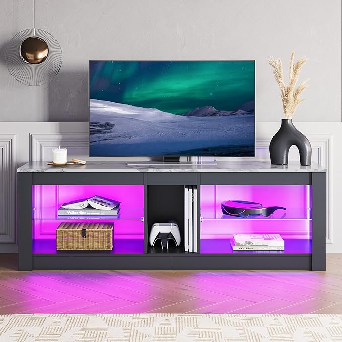 Bestier White Marble TV Stand LED Entertainment Center Gaming TV Stand for 55 Inch TV RGB Television Stand with 2 Adjustable Glass Shelves Xbox PS4 Game Console Cabinet for Living Room