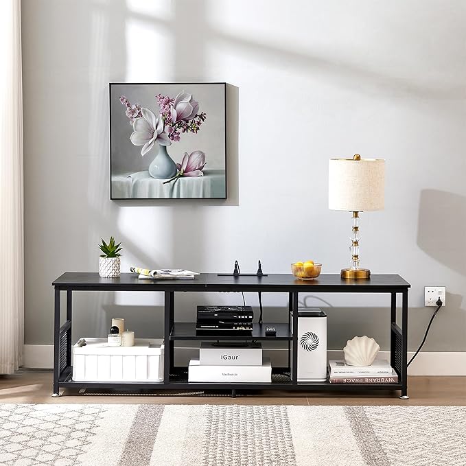 VECELO TV Stand with Power Outlets for Televisions up to 65Inch, 55" Media Entertainment Center with Charging Station 3-Tier Open Storage Shelves with Metal Frame for Living Room/Bedroom，Black