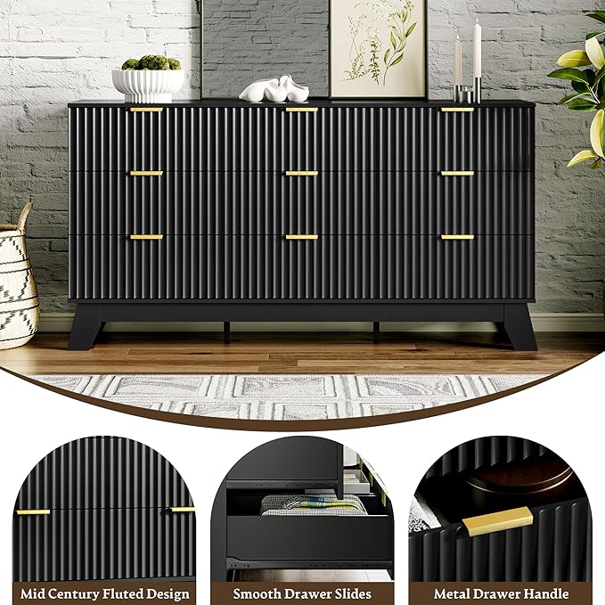 Fluted Dresser for Bedroom with 9 Drawers, 57" Mid Century Modern Dresser of Closet TV Stand, Nature Wood Dressers with Gold Handle, Boho Closet Wide Modern Chest of Drawers, Black