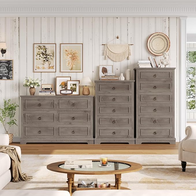HOSTACK 6 Drawer Dresser for Bedroom, Modern Farmhouse Chest of Drawers, 47.2" Wide Wood Double Dresser, Rustic Brown Storage Cabinet for Living Room, Entryway, Hallway, Ash Grey
