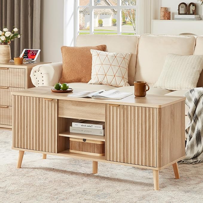 LEYAOYAO 48" Fluted Lift Top Coffee Table with Hidden Storage & Adjustable Shelves, Lifting Tabletop Large Rectangular Coffee Tables, Mid Century Modern Wood Center Table for Living Room, Natural