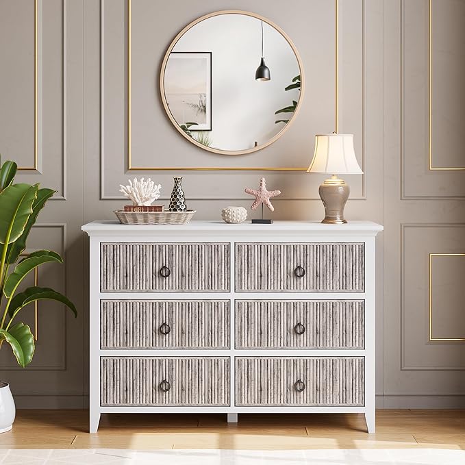 GarveeHome 6 Drawer Dresser for Bedroom，Waveform Fluted Chest with Large Drawer, Wooden Chest of Storage Cabinet, Fluted Dressers for Bedroom Living Room Hallway Closet, Anti-Tipping