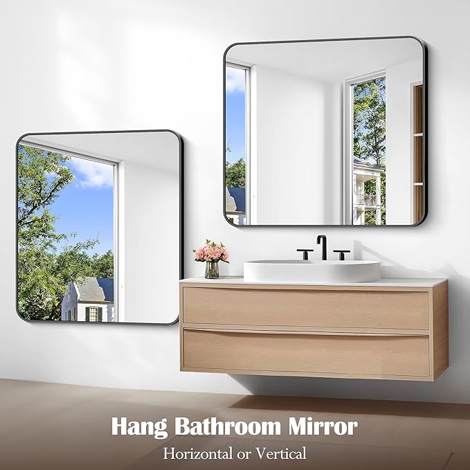Bathroom Mirror, 40 x 36 inch Black Rectangle Wall Mirror, Metal Frame Rectangular Vanity Mirror, Rounded Corner Wall Mounted Mirror for Modern Bedroom Living Room Hangs Horizontal/Vertical