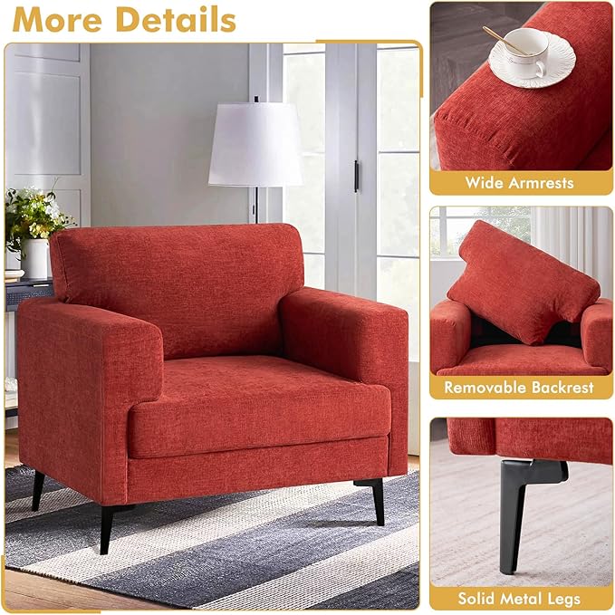 CDCASA Accent Chair, Chenille Fabric Oversized Mid Century Modern Chair Set of 2, Comfy Upholstered Armchair Reading Accent Chairs Sofa Chairs for Bedroom Living Room, Terracotta