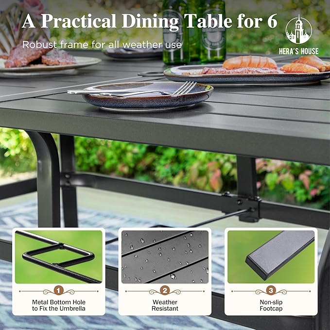 HERA'S HOUSE Outdoor Patio Dining Set of 7, 7 Piece Outdoor Table and Chairs Set of 1 Large Rectangular Patio Table and 6 Quick Dry Textilene Swivel High Back Rocking Chairs for Lawn, Park, and Garden