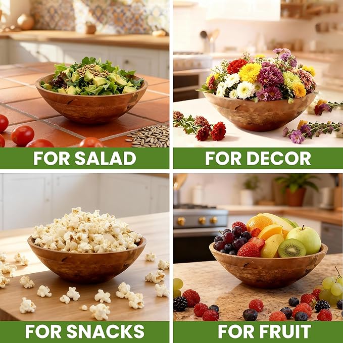 Large Wooden Salad Bowl 11.5 Inches with Serving Utensils | Mango Wood Bowl Set for Serving | Large Wood Salad Bowl for Family Meals, Pasta, Popcorn | Handcrafted Wooden Serving Bowl