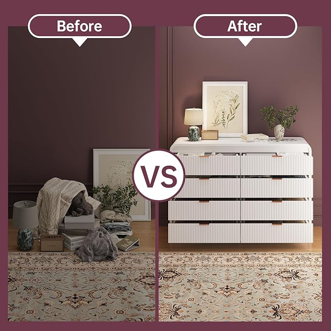 FURSUN Fluted 8 Drawers Dresser for Bedroom, 55" Wide Wooden Dresser with Metal Handle, Curved Profile Design, Modern Storage Organizer for Living Room, Hallway (White)