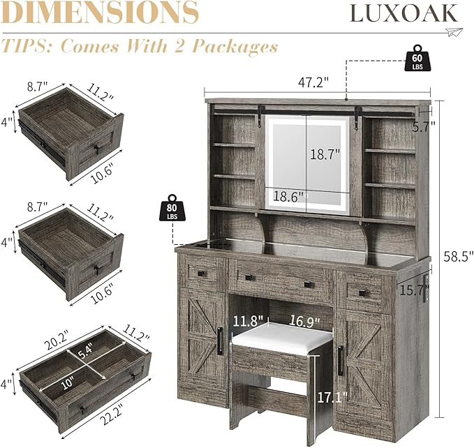 Farmhouse Makeup Vanity Desk with Sliding Mirror and Lights, 47'' Glass Tabletop Vanity Table with Charging Station, Large Vanity Set with Drawers, Stool, Barn Door Dressing Cabinets, Gray