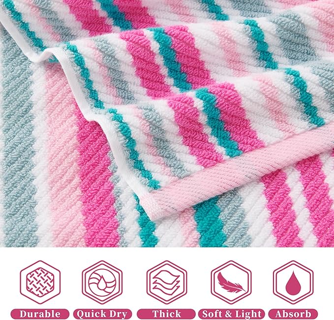 VOOVA & MOVAS Pink Soft Towel Set (6PC, 100% Cotton), Wash Cloth 13" x13, Striped Absorbent Towels Set for Bathroom & Guest, Luxury Towel Gift Set, Pink and Aqua Stripe