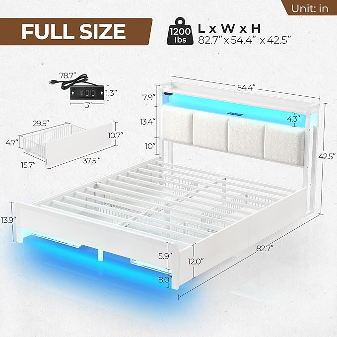 Rolanstar Bed Frame Full Size with Charging Station and LED Lights, Upholstered Storage Headboard with Drawers, Heavy Duty Metal Slats, No Box Spring Needed, Noise Free, Easy Assembly, White