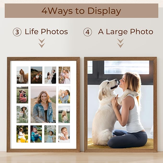 Axeman 12x16 School Years Picture Frame K-12 Day Graduation Photo Collage Solid Oak Picture Frame With Mat - Displays One 5x7 Photo and Twelve 2.5x3.5 Pictures, Hanging Hardware Included, Walnut