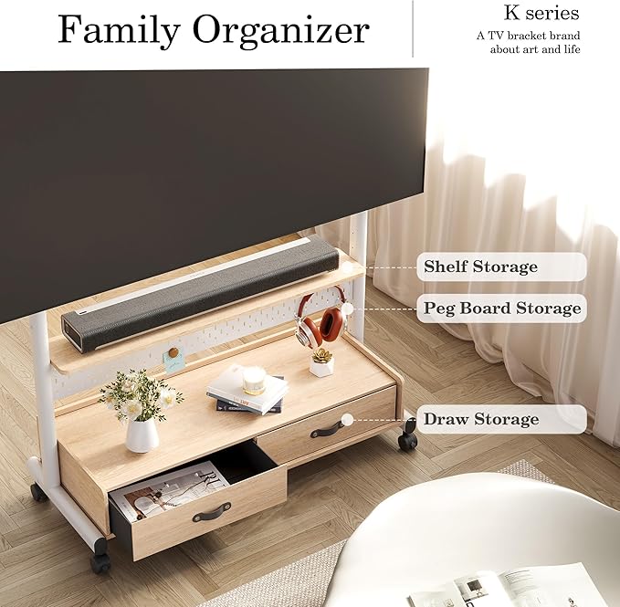 FITUEYES Rolling TV Stand with Drawers for 70 to 100 Large TV Screens，Mobile TV Floor Stand on Wheels with Ample Storage Pegboard & Wooden Shelf, Rolling TV Cart Hold up to 176 lbs, Max VESA 850 x 600