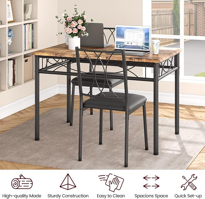 Dining Table Set for 4, Compact Kitchen Table with 4 Upholstered Chairs, 5-Piece Kitchen Table Set for Small Space, Dining Room, Apartment, Retro Brown