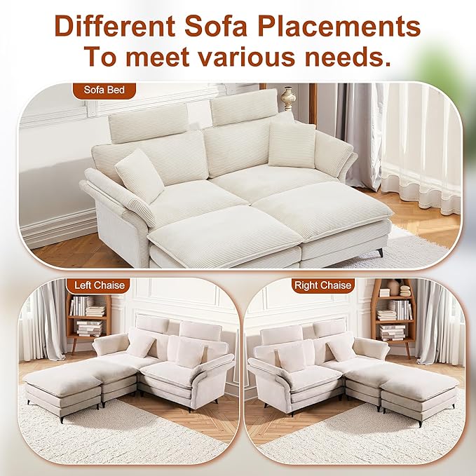 85.83" Sectional Couch, Cloud Couch with Two Movable Ottomans, Modular Sofa, Sectional Couches for Living Room and Office, Beige