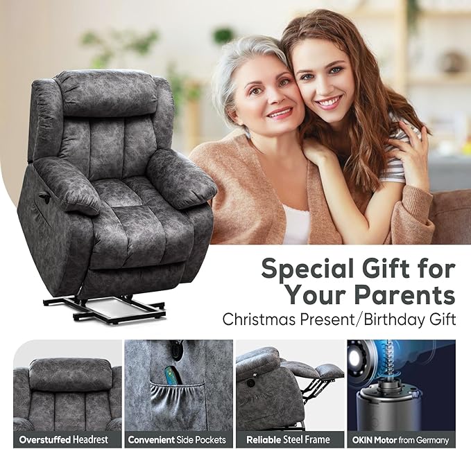 Power Lift Recliner Chair for Elderly with Heated and Massage, Adjustable Lift Chair Recliner, USB Port, Side Pocket, Plush Fabric, Grey