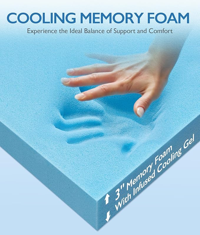 SINWEEK 3 Inch Queen Cooling Memory Foam Mattress Topper for Pressure Relief, Thick Bed Mattress Pad with Cooling Soft Cover and Adjustable Straps, CertiPUR-US Certified