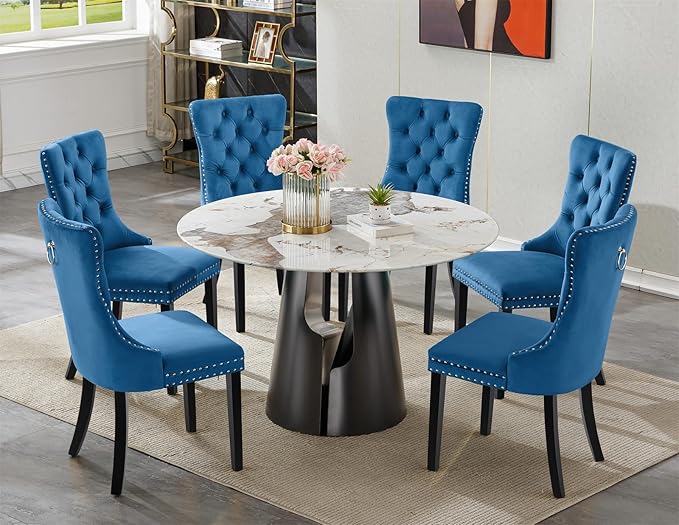 7-Piece Faux Marble Round Dining Table Set for 6, Modern Luxury Kitchen Table Set for 6 with Blue Tufted Chairs,Circle Dining Tables with Pandora Grain Top and Black Pedestal Base