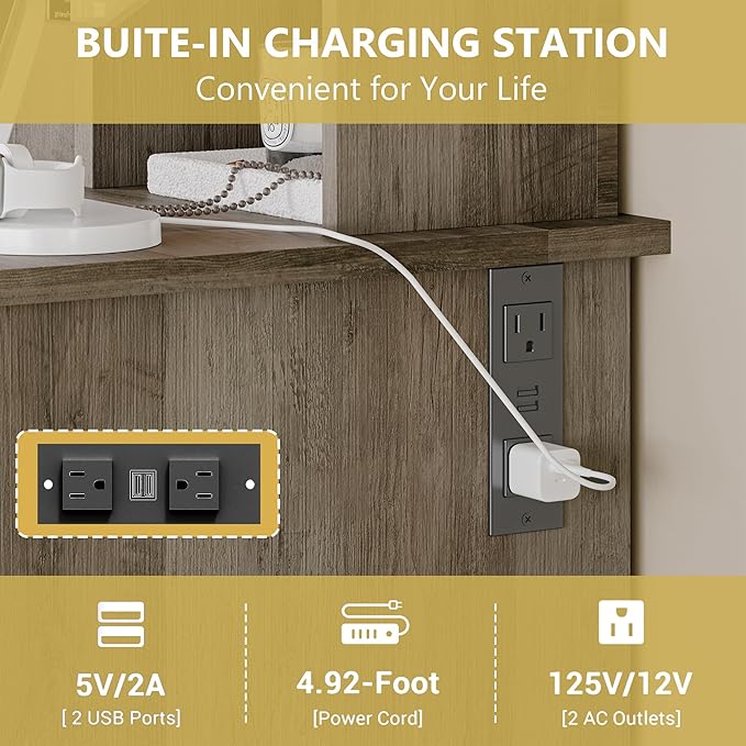 Vanity Desk with Mirror and Lights, 43'' Grey Makeup Dressing Table Set with 5 Drawers & Chair, Power Outlet, 3 Lighting Modes Adjustable Brightness & RGB LED for Women Girls Bedroom Bathroom