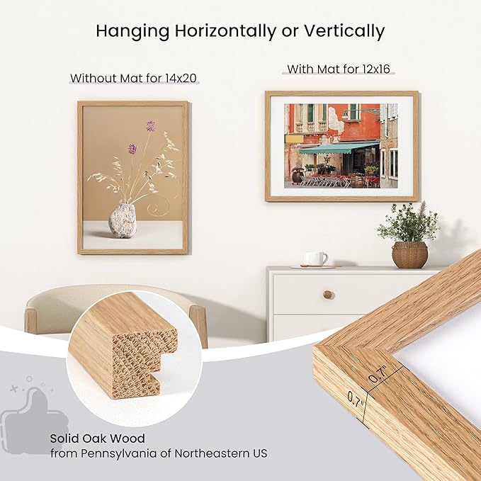 Axeman 14x20 Picture Frame | Solid Oak Wood 14 x 20 Picture Frame With Mat for 12x16 | 14x20 Wood Poster Frame | Tempered Glass and Hanging Hardware Included Home Wall Decor Hanging Frame | Natural