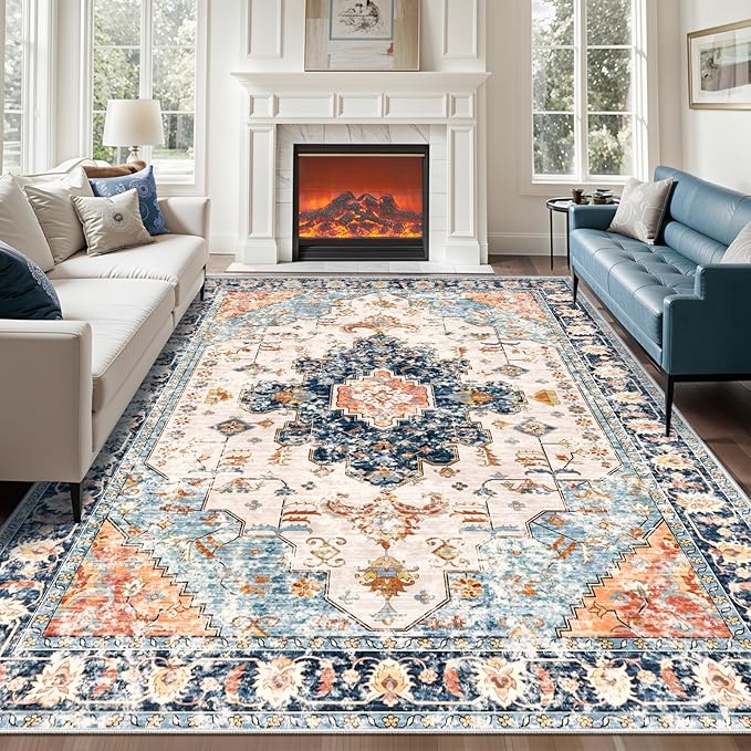 Tangsoo 5x7 Area Rug Washable Rug for Living Room, Vintage Rug Indoor Non Slip Large Area, Print Distressed Blue Carpet, Soft Low Pile Foldable Floor for Bedroom Dining Room Dorm