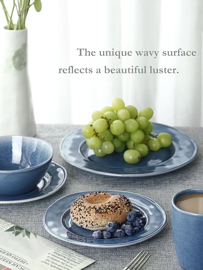 Famiware Plates and Bowls Sets, 12 Piece Dinnerware Sets for 4, Aurora Irregular Handmade Stoneware Dishes Set, Reactive Glaze, Microwave & Dishwasher Safe, Scratch-resistant, Lagoon Blue