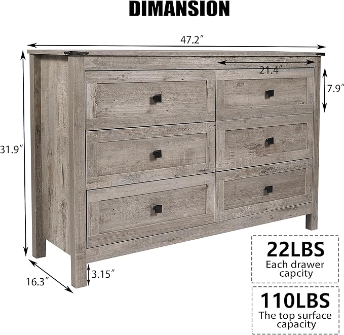 Farmhouse 6 Drawers Dresser, Wood Double Dresser Chest of Drawers Wide Storage Organizer Cabinet for Bedroom, Living Room, Rustic Grey