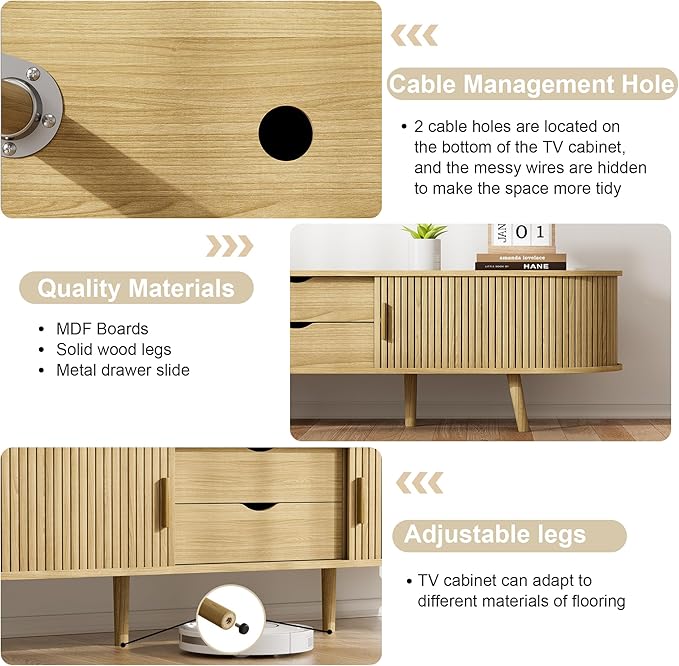 69" Fluted TV Stand, Mid Century Modern TV Stand Fits TVs Up to 75", Wood Entertainment Center for Living Room, Farmhouse TV and Media Console Table with Storage, Curved Edge and Sliding Door, Oak