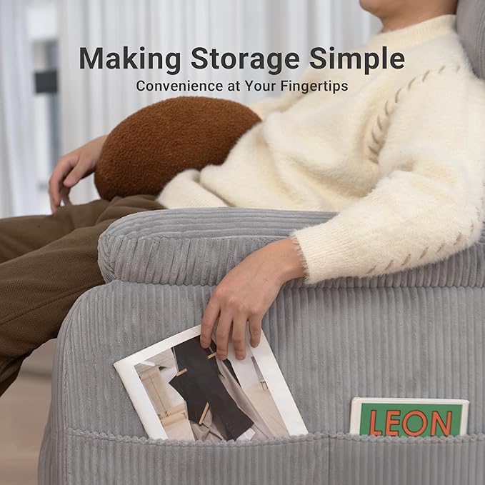 Claiks Power Swivel Rocker Recliner Chair, Oversized Recliner Chairs for Adults, Corduroy Overstuffed Reclining Chair with USB and Type-C Ports for Living Room, Grey