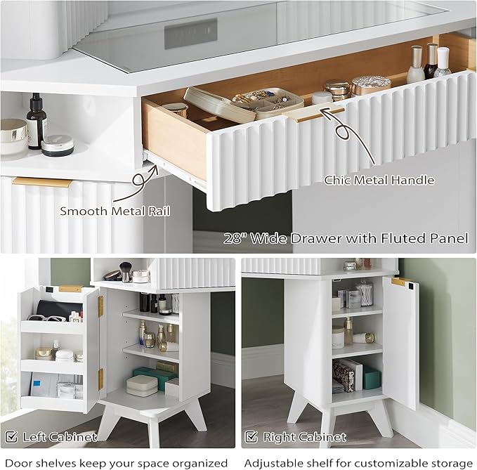 T4TREAM Fluted Makeup Vanity Desk with 3 Way Mirror and Lights, 48" Large Corner Vanity Table with Glass Top, Charging Station, 3 Drawers, Storage Cabinets & Shelves, for Bedroom, Solid White