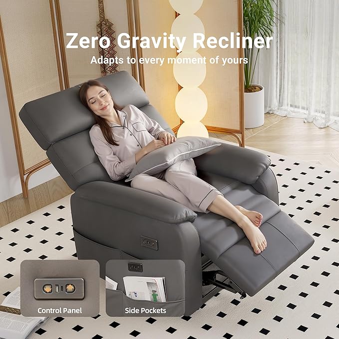 Claiks Zero Gravity Recliner Chair, Adjustable Electric Reclining Sofa Lounge, Oversized Reclining Chair for Adults with USB&Type-C Ports, Side Pocket, for Living Room, Tech Cloth Fabric, Dark Grey