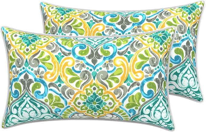 LVTXIII Outdoor Lumbar Pillow Covers 12"x20", Covers ONLY, 2 Pack 30x50cm Lumbar Cushion Cover with White Piping for Home Patio Garden Sofa Bench, Damask Green
