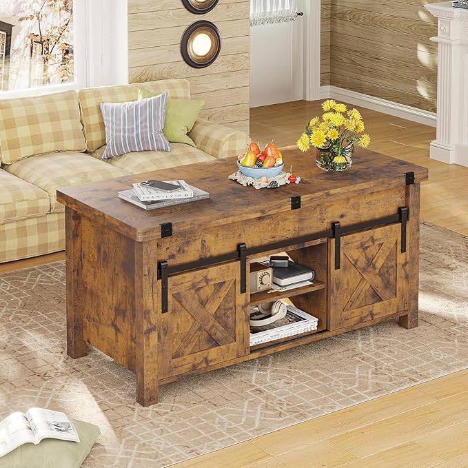 SEDETA Lift Top Coffee Table, 4 in 1 Convertible Coffee Tables with Storage and Hidden Compartment for Living Room, Farmhouse Coffee Table Converts to Dining Table, Dining Reception Room, Rustic Brown