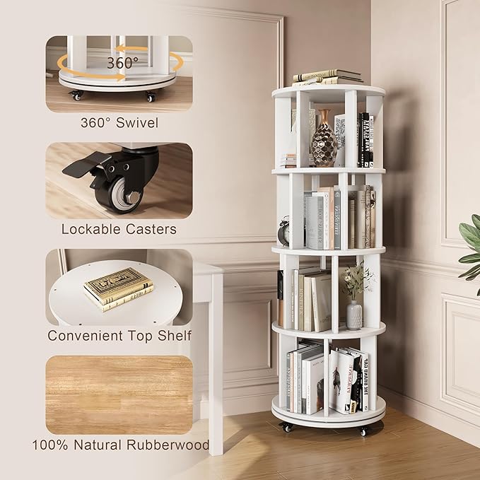 4-Tier Rotating Bookshelf, 360° Spinning Stackable Bookcase, Freestanding Bookshelf for Home Office Study Room Bedroom Living Room