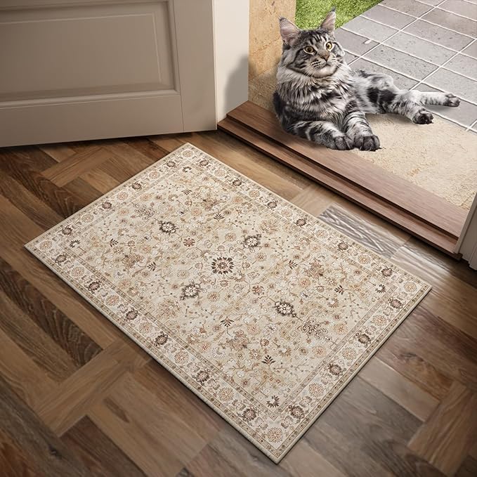 Washable 2'x3' Non Slip Rug Vintage Soft Low Pile Lightweight Boho Area Rugs for High-Traffic Areas (Entryway, Kitchen, Hallway), Farmhouse Decor