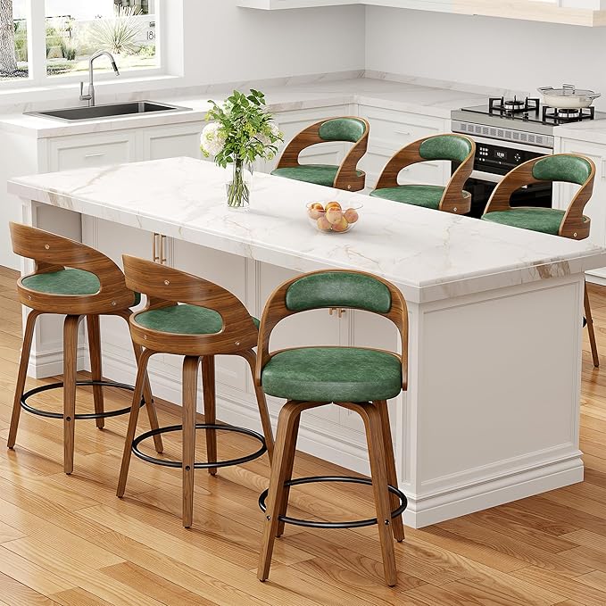 Swivel Bar Stools Set of 6, 26" Counter Height Bentwood Barstool, Mid-Century Modern PU Leather Upholstered Bar Chair with Back and Footrest, for Kitchen Island, Bar, Cafe, Dining Room, Green