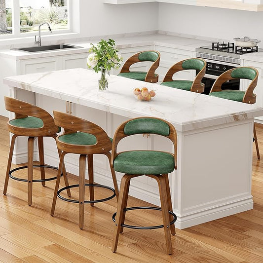 Swivel Bar Stools Set of 6, 26" Counter Height Bentwood Barstool, Mid-Century Modern PU Leather Upholstered Bar Chair with Back and Footrest, for Kitchen Island, Bar, Cafe, Dining Room, Green